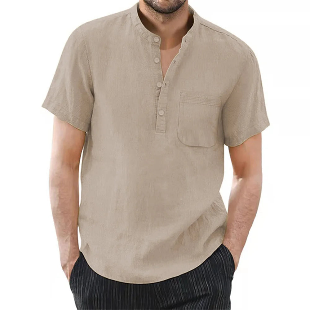 Men's cotton linen short sleeve T-shirt by Nova Mart in solid color, breathable summer casual fashion, shown in natural fit and fabric.