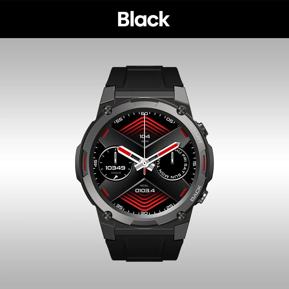 Nova Mart Zeblaze Vibe 7 Pro smart watch with AMOLED display, military-grade build, and Hi-Fi call features, shown on a wrist.