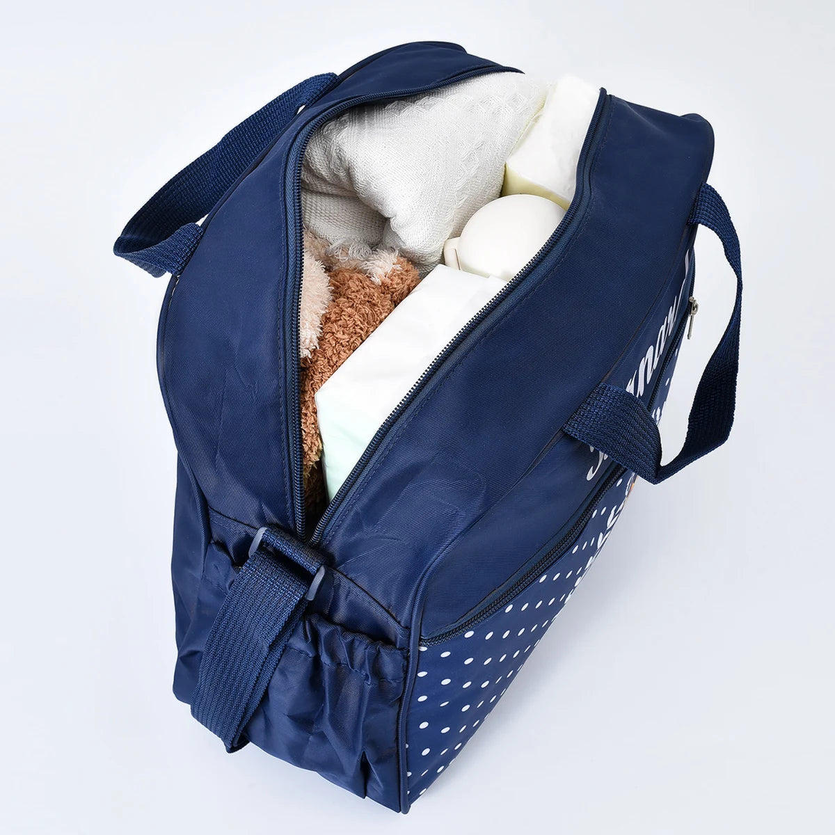 Large nylon bear print mommy diaper bag set with crossbody straps, includes multiple compartments for baby essentials.