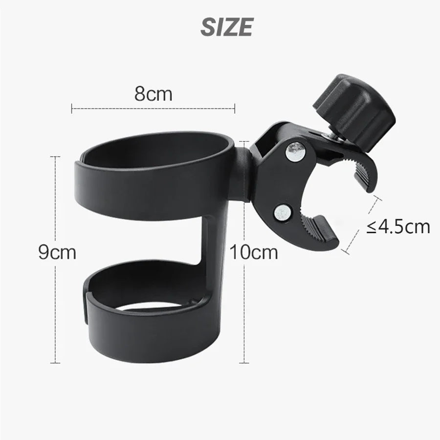 Universal baby stroller cup holder by Nova Mart, showing a black plastic drink rack attached to a stroller frame.