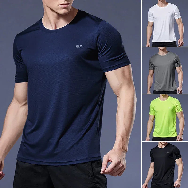 Men's high elastic ice silk T-shirt by Nova Mart, quick-dry fabric, close-up of lightweight, breathable material in navy blue.