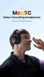 UGREEN Max5c ANC headphones with LDAC Hi-Res audio, over-ear design, and 75-hour battery life, shown in black with ear cushions.