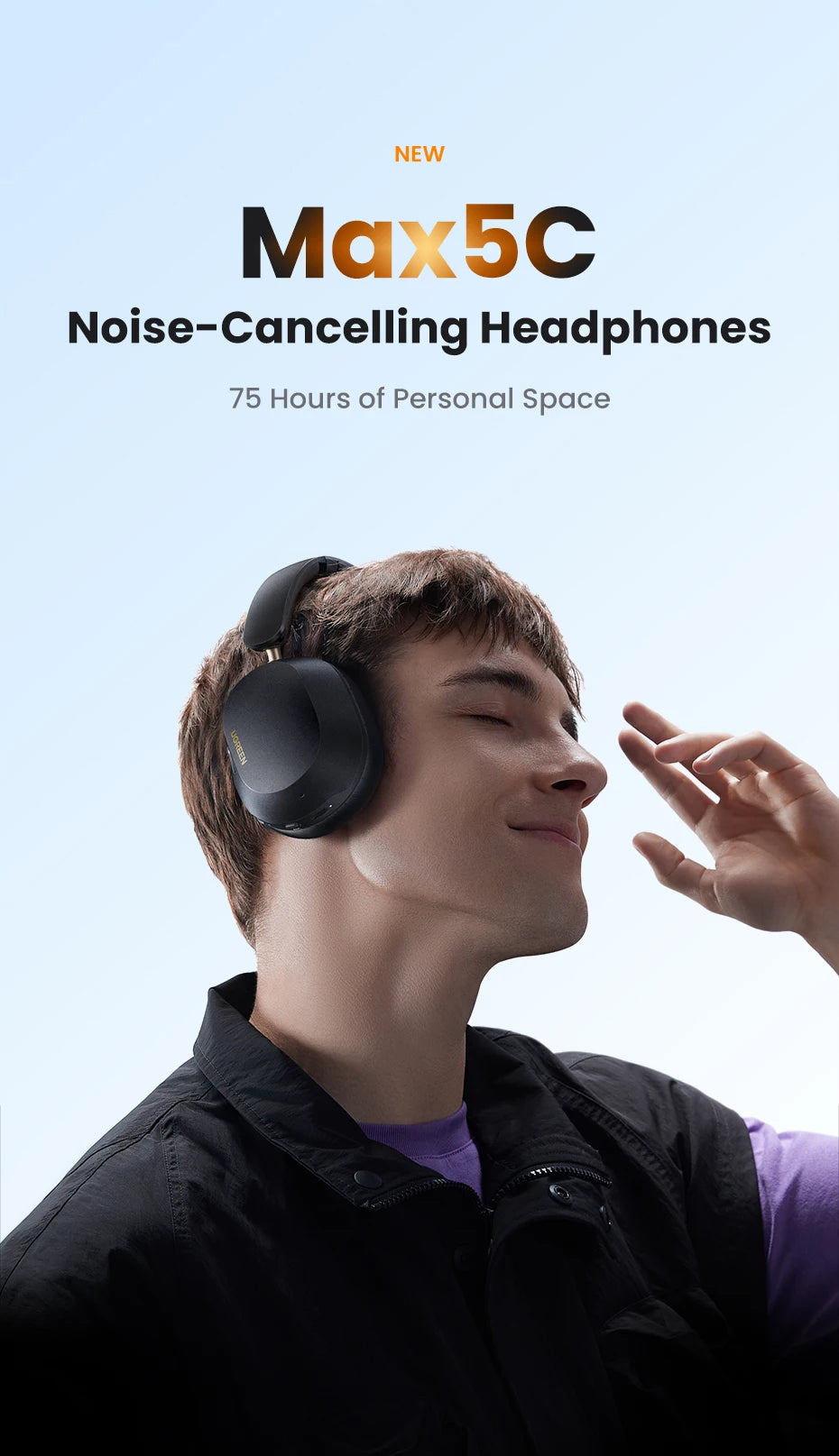 UGREEN Max5c ANC headphones with LDAC Hi-Res audio, over-ear design, and 75-hour battery life, shown in black with ear cushions.