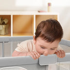 Light gray baby playpen by Nova Mart with pull ring and ball box, designed for safe play areas for infants and toddlers.