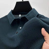 Men's business casual bone-colored Polo shirt by Nova Mart with a floral pattern, displayed on a hanger.