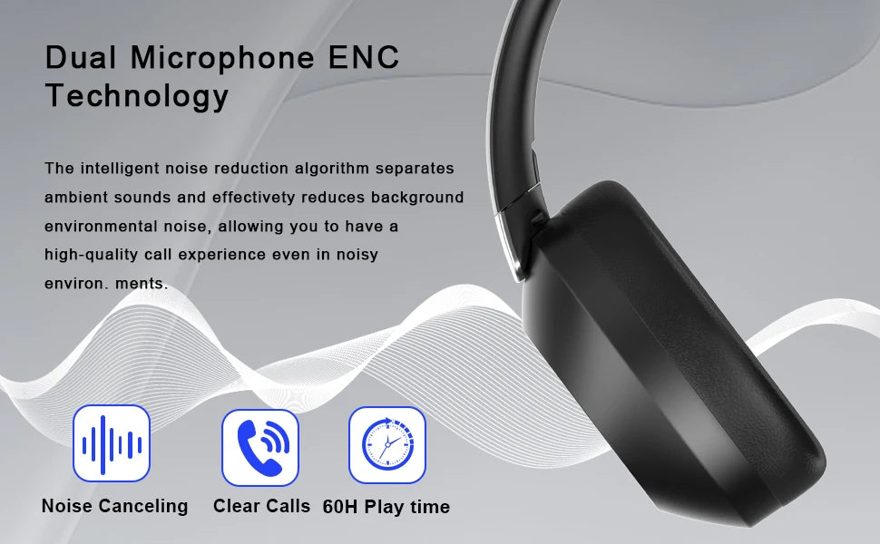 Wireless Bluetooth headset by Nova Mart with ANC, stereo sound, and 60-hour playback, designed for sports and gaming.