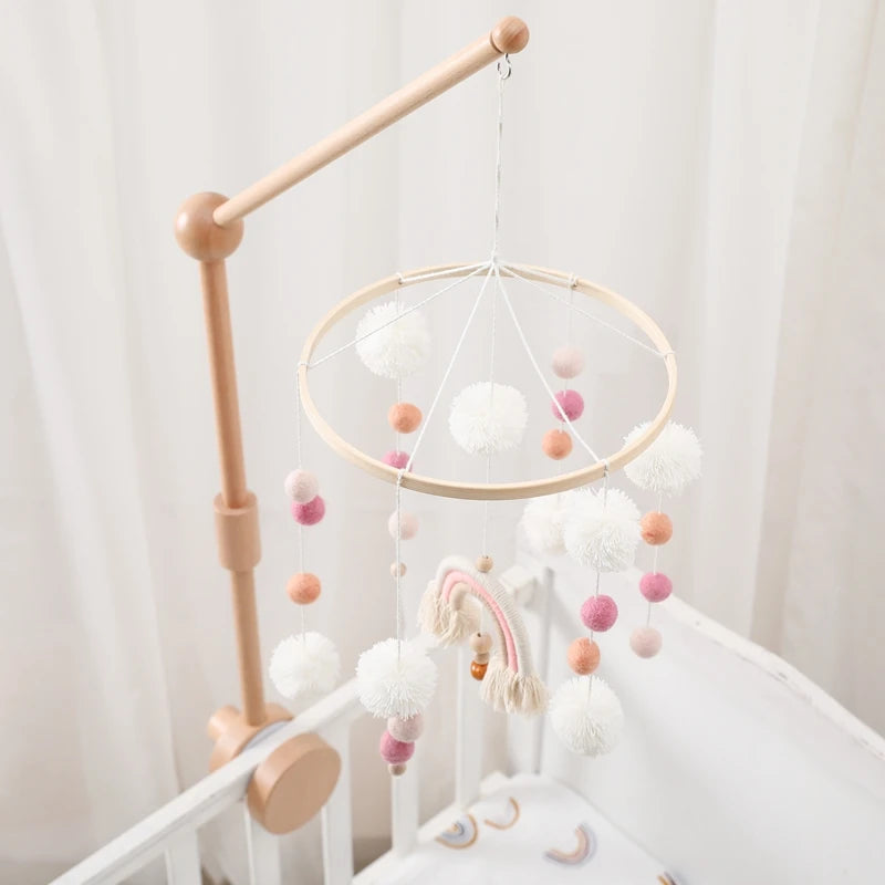 Wooden baby crib rattle toy with crochet bed bell bracket for infants 0-12 months, designed by Nova Mart Baby Toys.