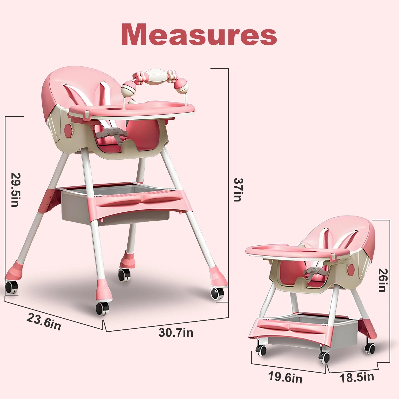 Foldable Nova Mart 4-in-1 baby high chair with 7 adjustable heights and toy rack, showing its compact, versatile design.