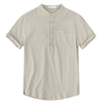Men's cotton linen short sleeve T-shirt by Nova Mart in solid color, breathable summer casual men's fashion image.