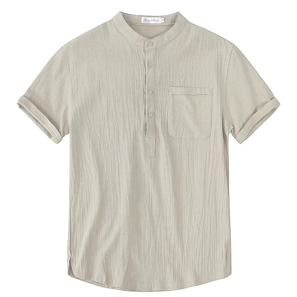 Men's cotton linen short sleeve T-shirt by Nova Mart in solid color, breathable summer casual men's fashion image.