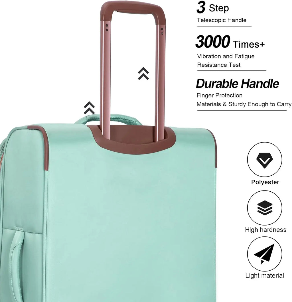 Travelhouse 4-piece softside expandable luggage set by Nova Mart with spinner wheels, showing different sizes and colors in a travel scene