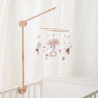Baby wooden crib mobile with cloud-shaped hanging rattle toy and bracket, designed for soothing infants in cribs