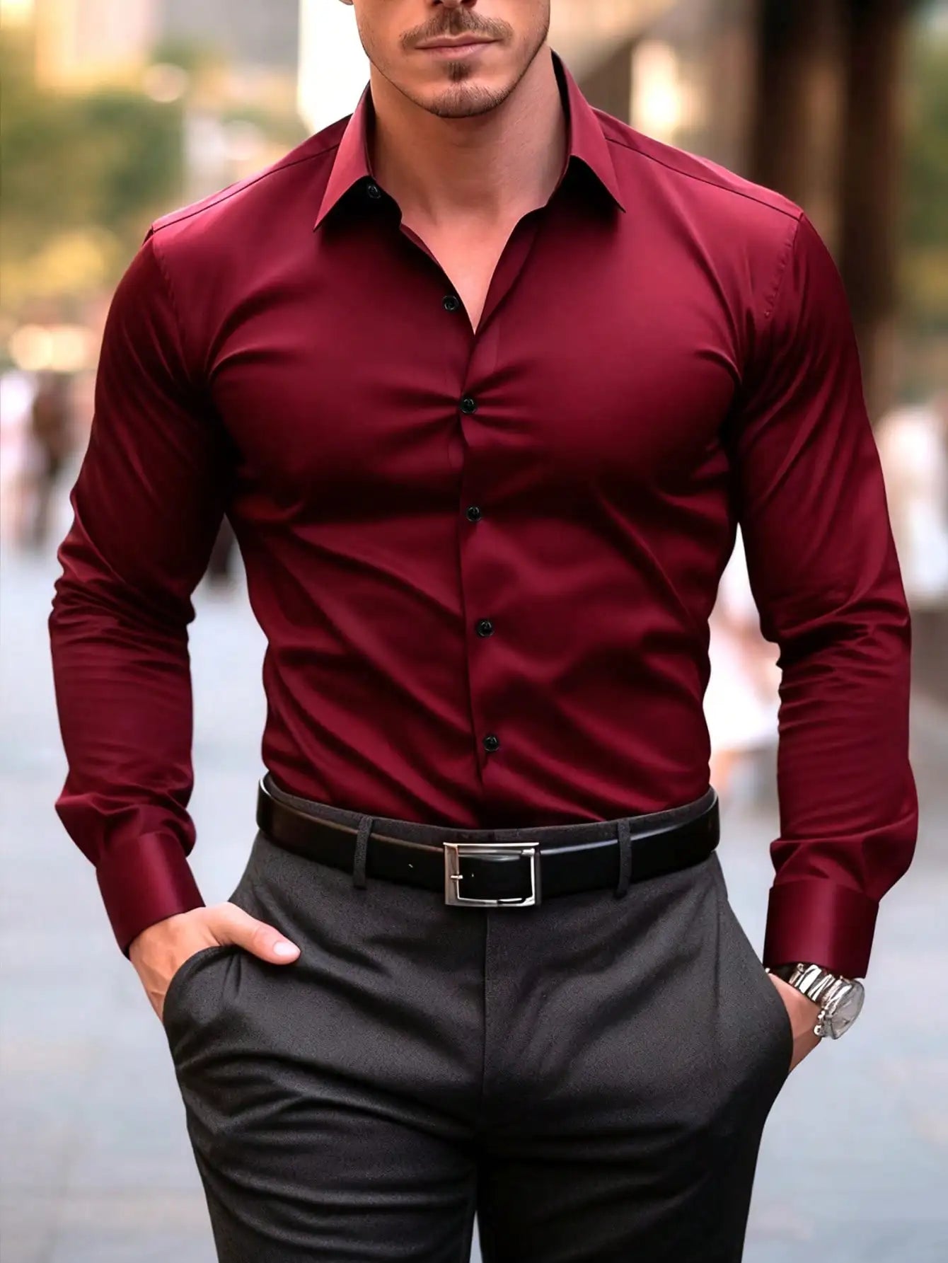 Men's red formal dress shirt with long sleeves by Nova Mart, shown on a mannequin, featuring a classic collar and button front.