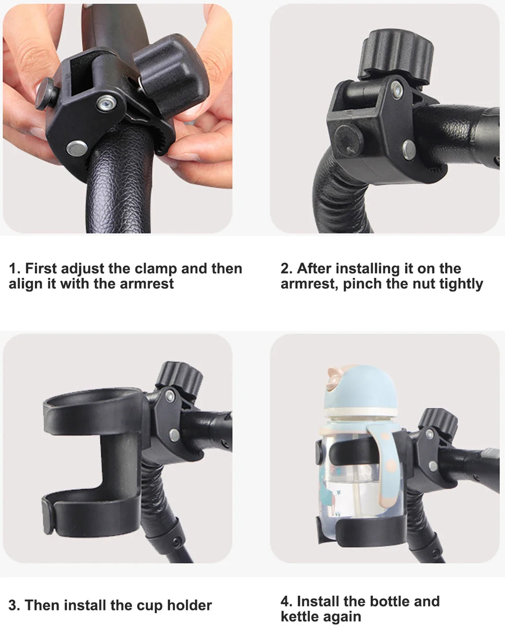 Universal baby stroller cup holder by Nova Mart attached to a stroller handle with a bottle and drink in the rack.