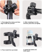 Universal baby stroller cup holder by Nova Mart attached to a stroller handle with a bottle and drink in the rack.