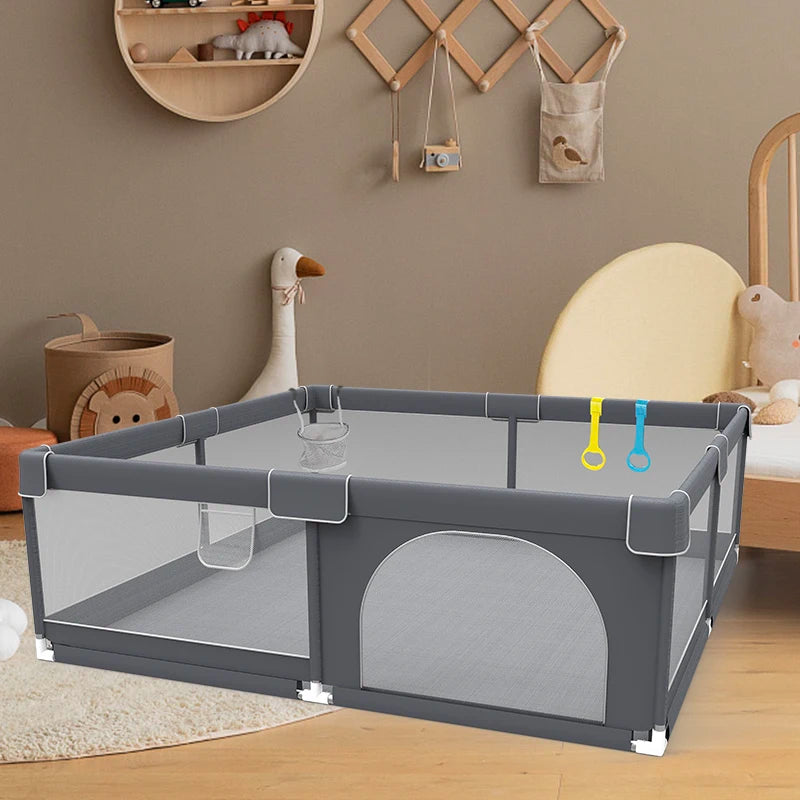 Light gray IMBABY baby playpen by Nova Mart with pull ring and ball box, safety fence for babies and toddlers.