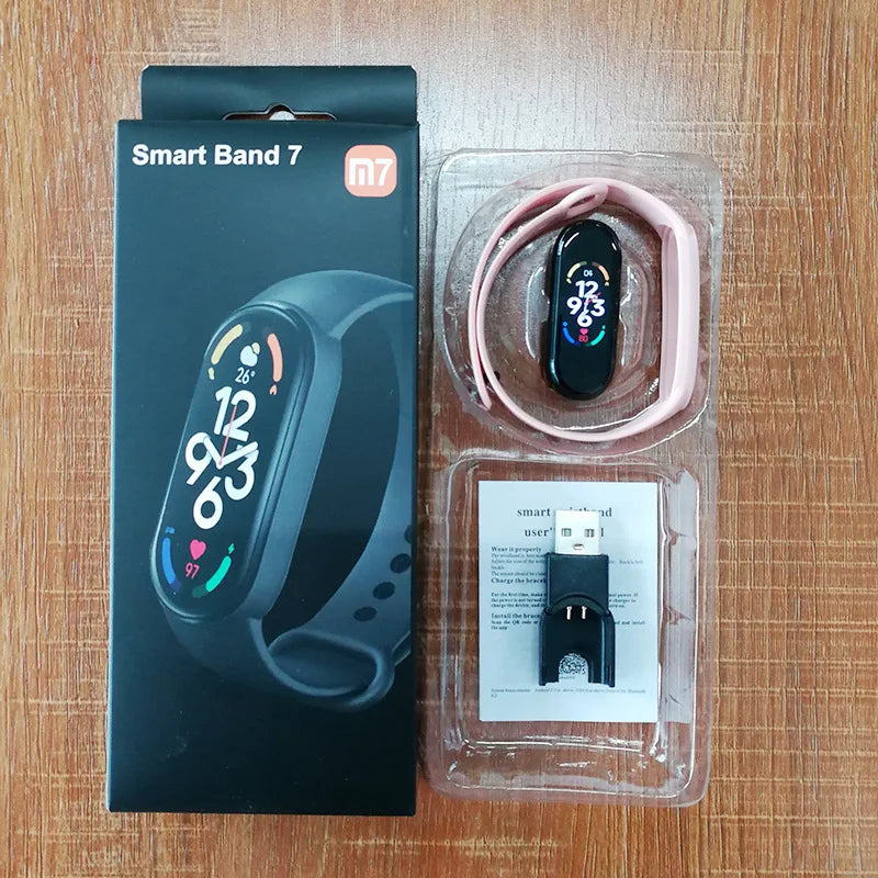 Nova Mart M7 Smart Band displaying heart rate monitor, fitness stats, and multiple customizable dials on a sleek smartwatch screen.