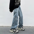 Men's Y2K Stars embroidery brown straight-leg denim jeans with hip-hop style from Nova Mart, detailed with star embroidery.
