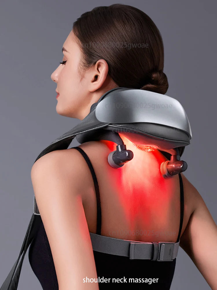 Nova Mart Shiatsu neck and shoulder massager with heat function, showing a handheld device used on shoulders for pain relief.