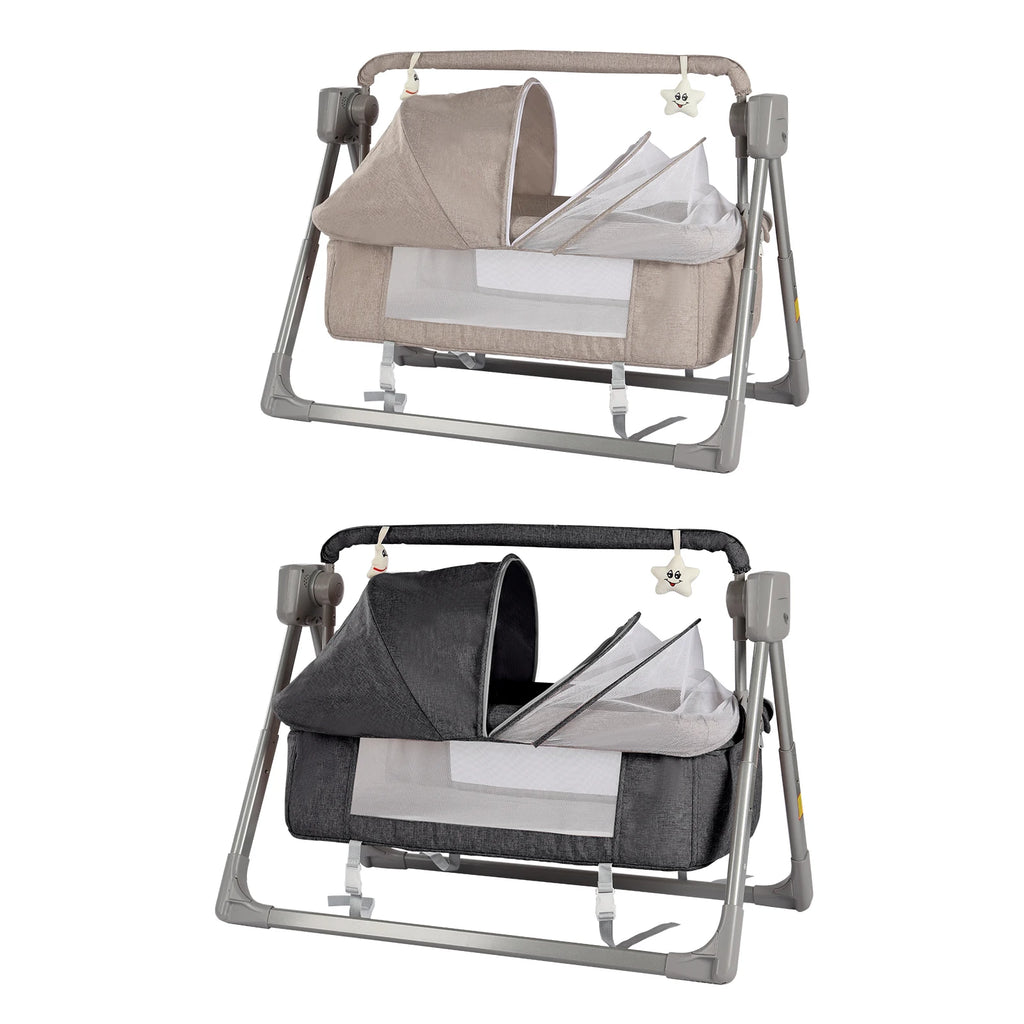 Electric baby cradle swing by Nova Mart with Bluetooth, remote control, suitable for infants 0-36 months, shown in the image.