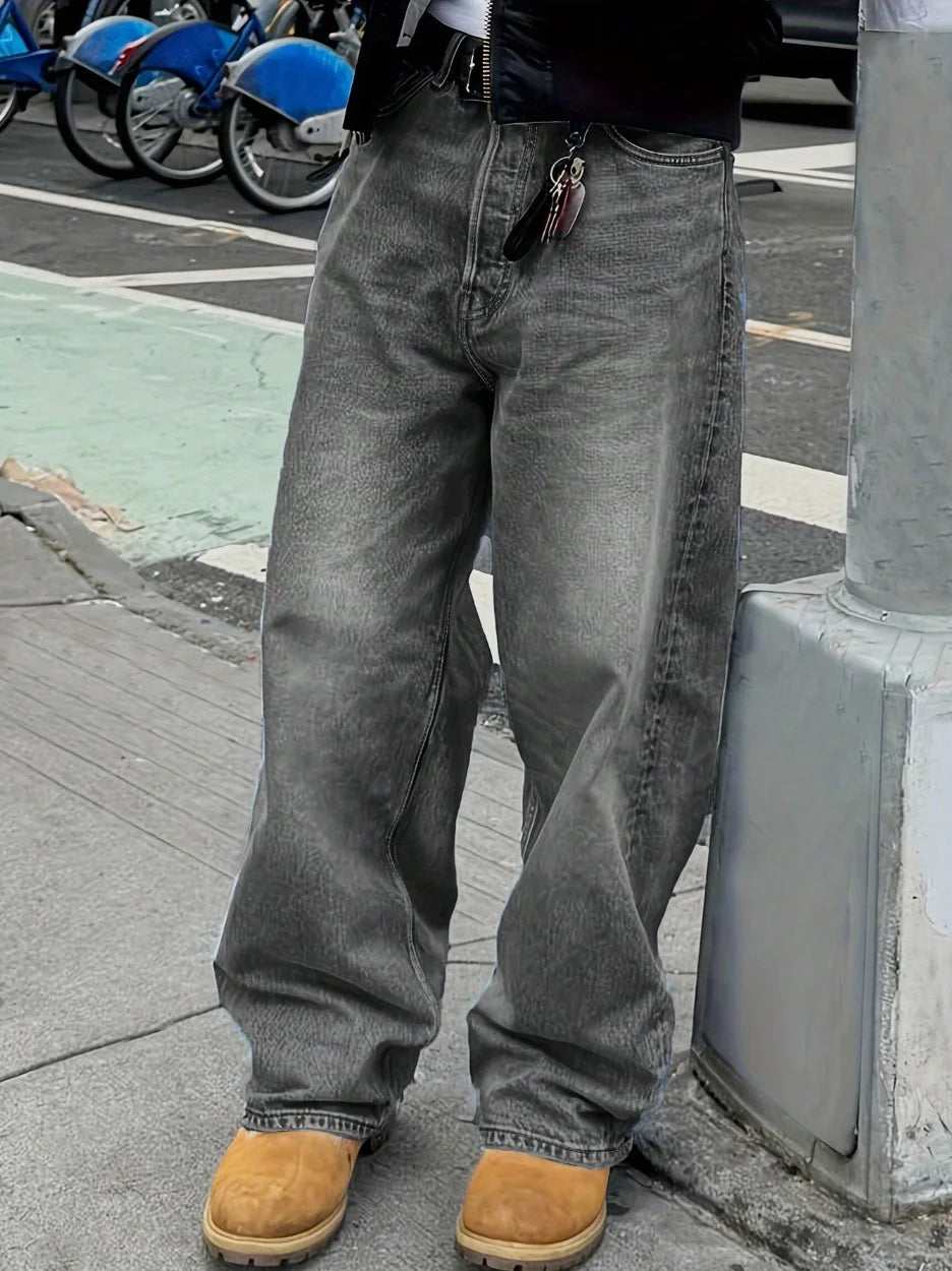 Men's casual jeans by Nova Mart featuring anime star patches and functional pockets, shown in a relaxed fit style.