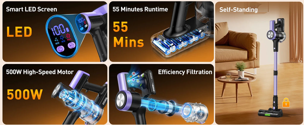 Cordless Nova Mart vacuum cleaner with a smart LED screen, 500W power, and 55Kpa suction for efficient cleaning.