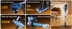 Cordless Nova Mart vacuum cleaner with a smart LED screen, 500W power, and 55Kpa suction for efficient cleaning.