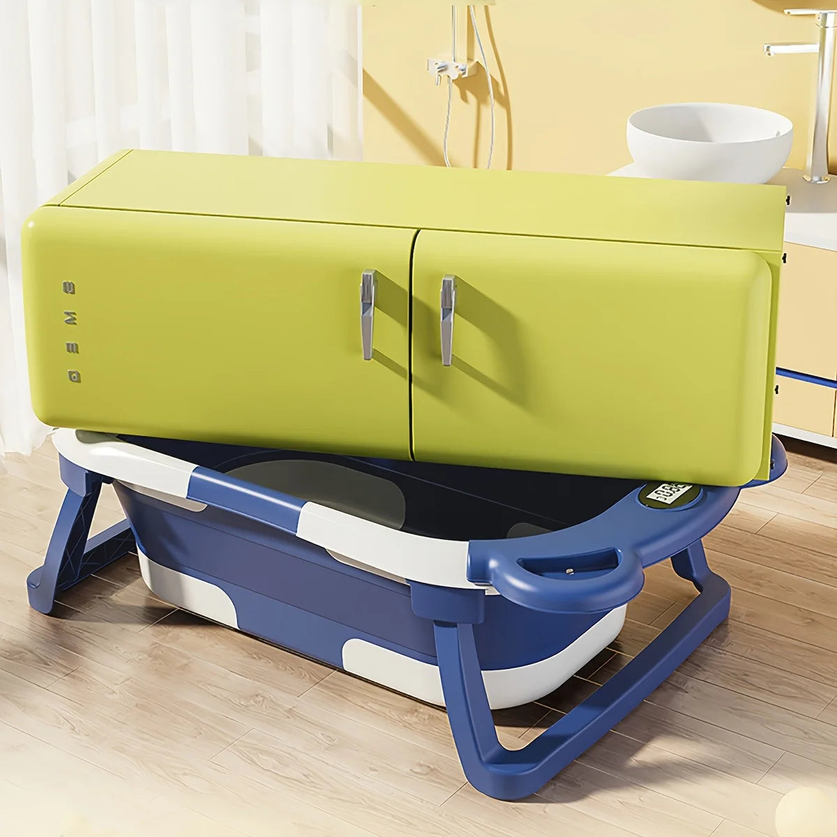 Collapsible Nova Mart baby bathtub with thermometer and floating cushion, designed for safe and comfortable infant bathing.