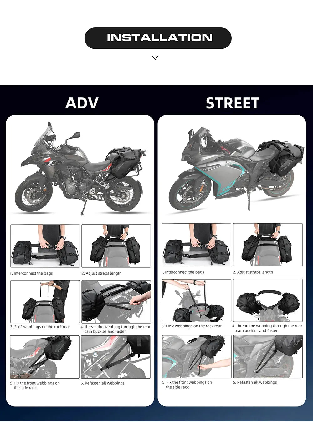 Nova Mart Rhinowalk waterproof motorcycle pannier saddle bags secured on a motorcycle for touring and travel.