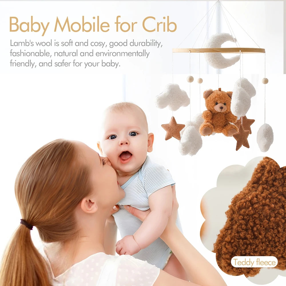 Wooden baby crib mobile with soft felt cartoon bear and music box, designed for nursery decor by Nova Mart