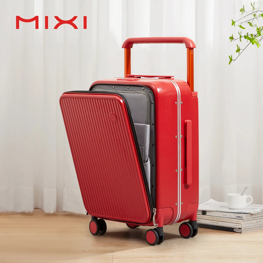 Nova Mart Mixi PC aluminum frame trolley case with laptop pocket, durable luggage featuring a sleek design and sturdy wheels.