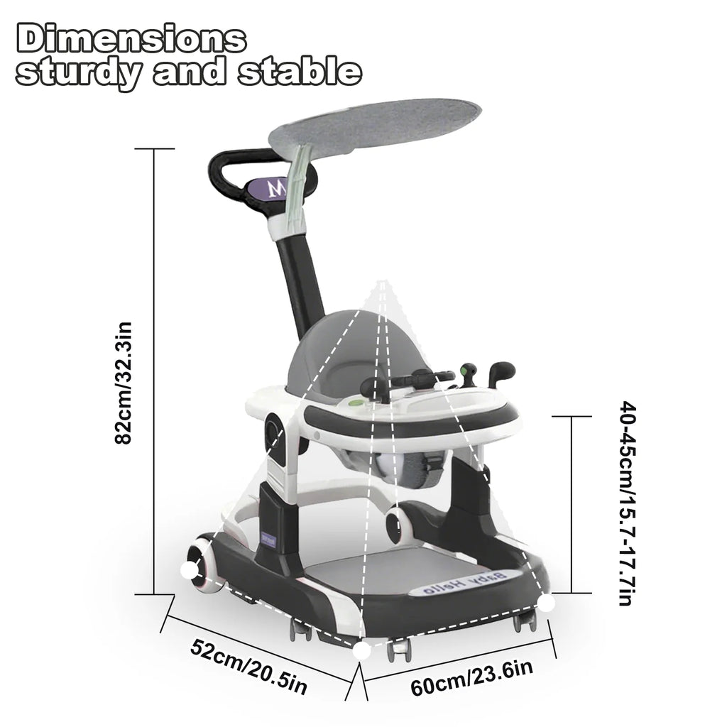 Nova Mart multifunctional baby walker with sunshade, cushioned seat, and music feature, designed for early mobility and entertainment.