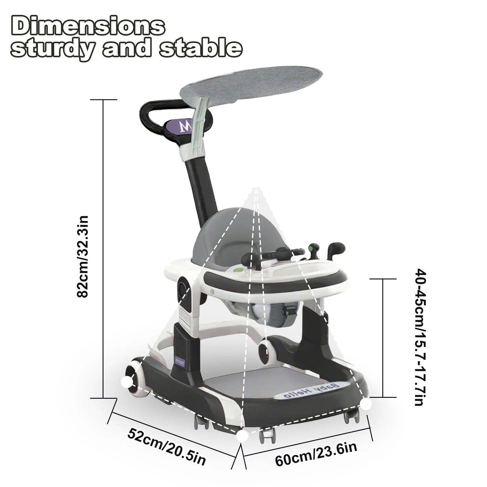 Nova Mart multifunctional baby walker with sunshade, cushioned seat, and music feature, designed for early mobility and entertainment.
