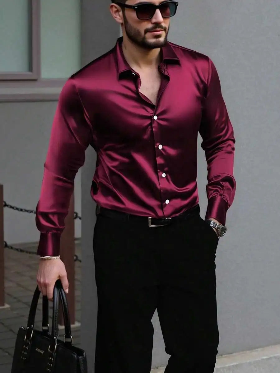 Men's solid satin casual shirt with long sleeves from Nova Mart, featuring a smooth, shiny fabric and classic collar design.