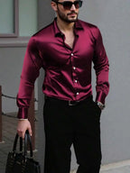 Men's solid satin casual shirt with long sleeves from Nova Mart, featuring a smooth, shiny fabric and classic collar design.