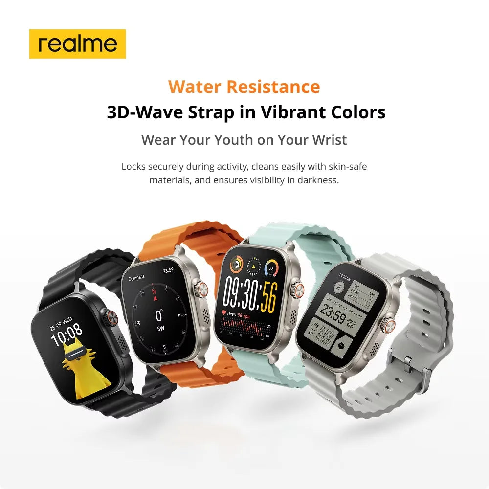Realme Watch 5 smart watch featuring a 1.97-inch AMOLED display, GPS, and IP68 water resistance.
