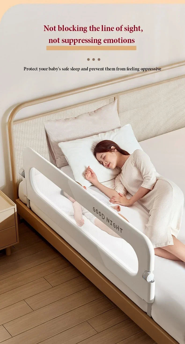 Adjustable Nova Mart IMBABY baby bed rail guard, safety barrier with mesh sides for preventing falls in a crib or toddler bed.