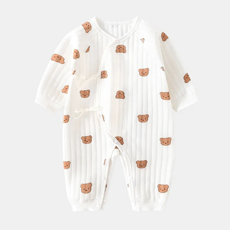 Nova Mart 100% cotton newborn baby romper with cartoon bear print, featuring a matching hat and soft fabric for comfort.