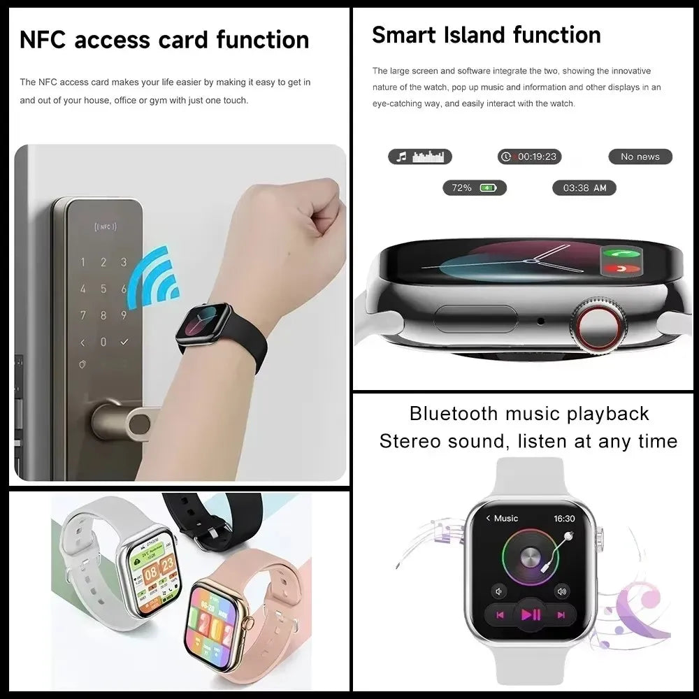 Nova Mart GPS Smart Watch Series 10 displaying a music interface with NFC and Bluetooth call features on the screen.