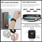 Nova Mart GPS Smart Watch Series 10 displaying a music interface with NFC and Bluetooth call features on the screen.