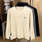 Men's navy blue knitted sweater with pony embroidery, round neck pullover by Nova Mart, casual men's fashion top.