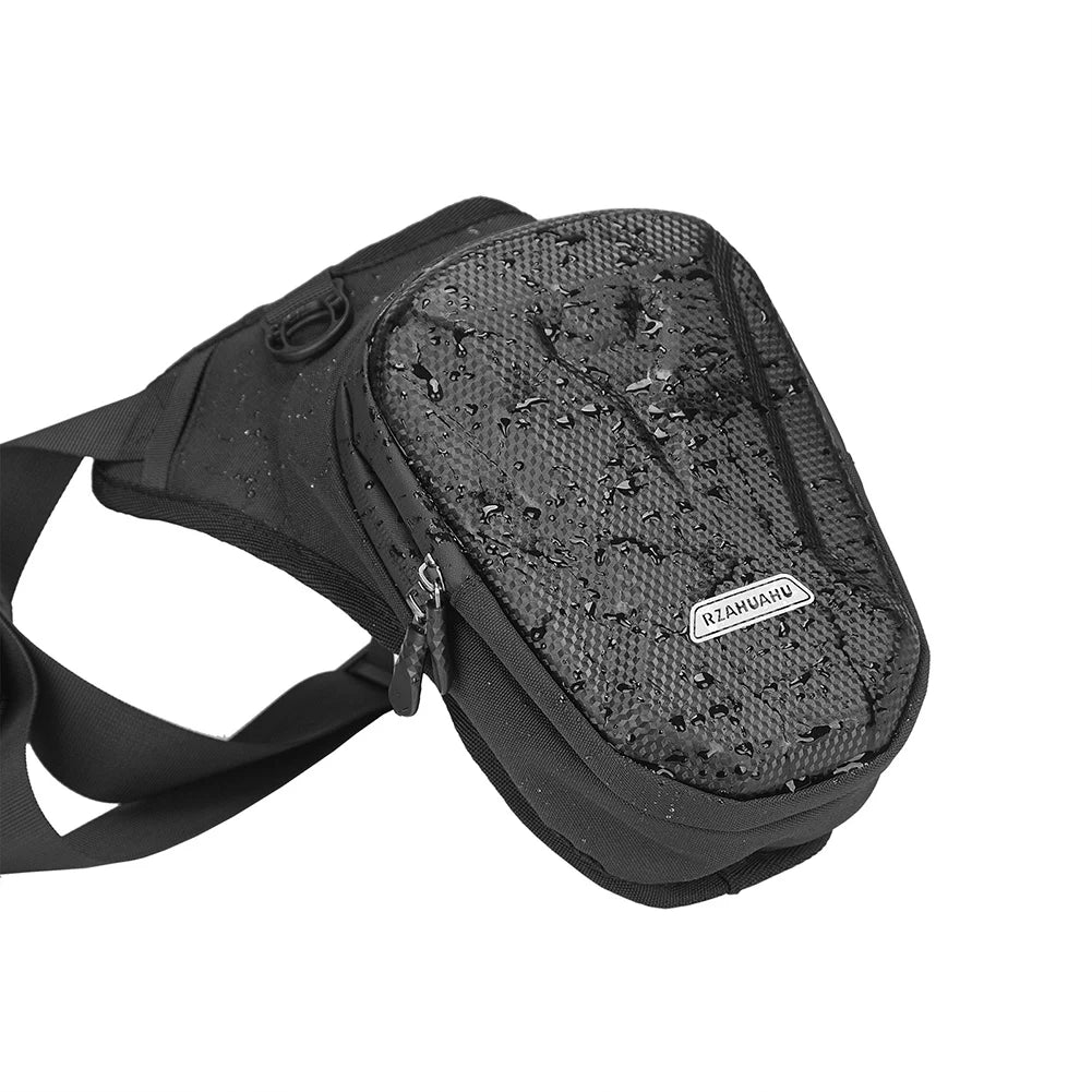 Waterproof motorcycle waist and leg bag by Nova Mart, designed for secure storage during rides with adjustable straps.