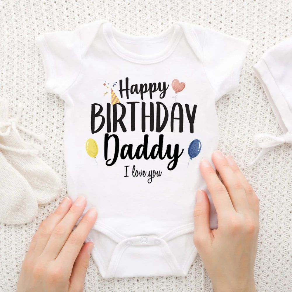 Baby boy's short sleeve "Happy Birthday Daddy" baby bodysuit by Nova Mart, colorful summer romper with fun birthday design.
