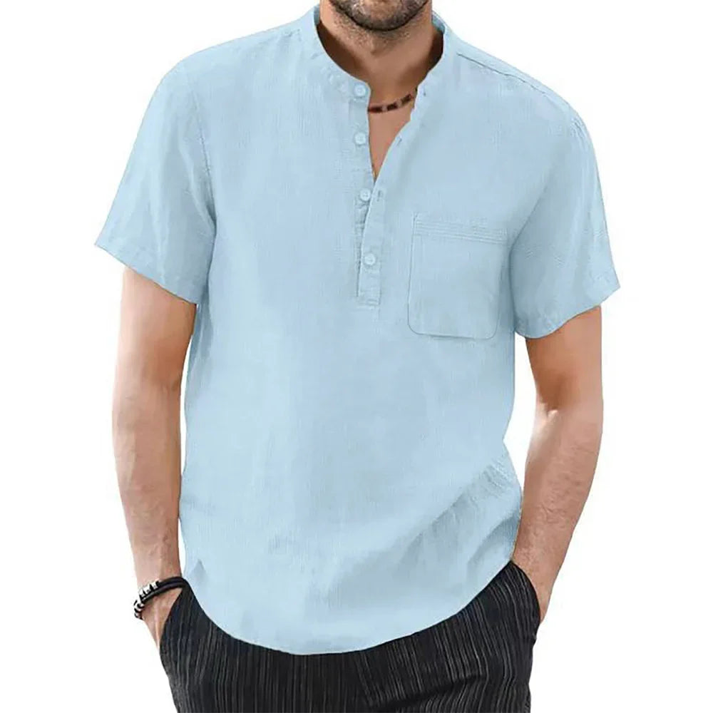Men's breathable cotton linen short sleeve T-shirt in solid color, casual summer fashion by Nova Mart.