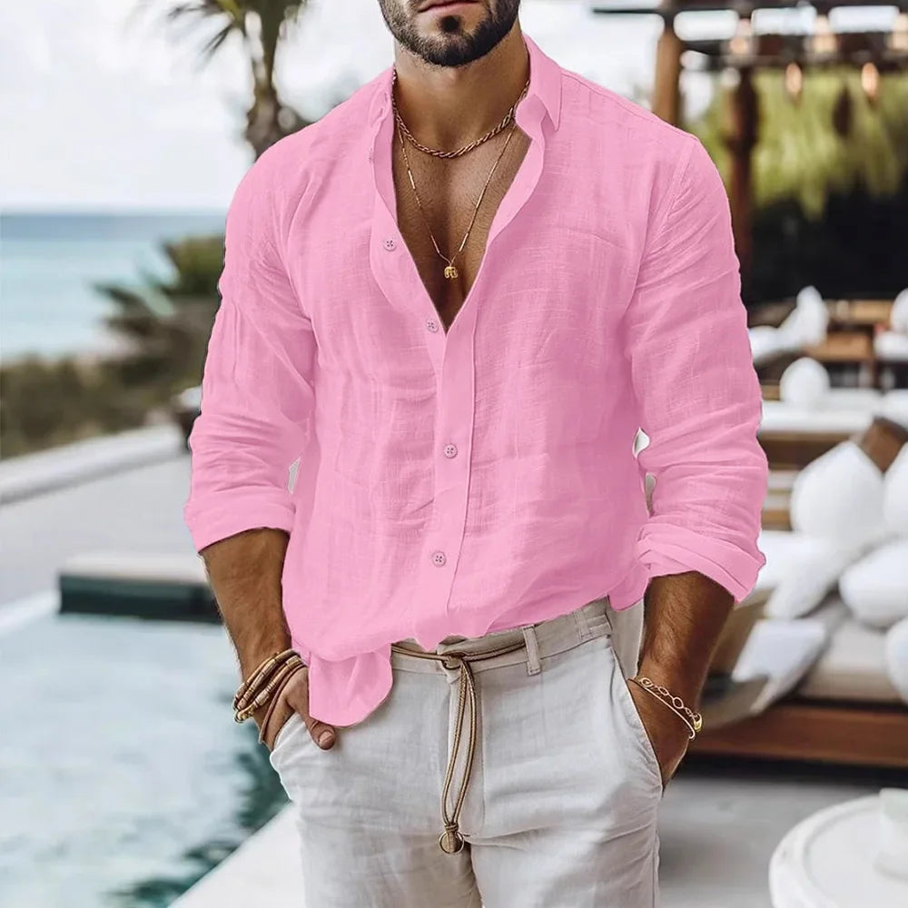 Men's cotton linen shirt by Nova Mart, lightweight and breathable for summer beach style, shown on a model.