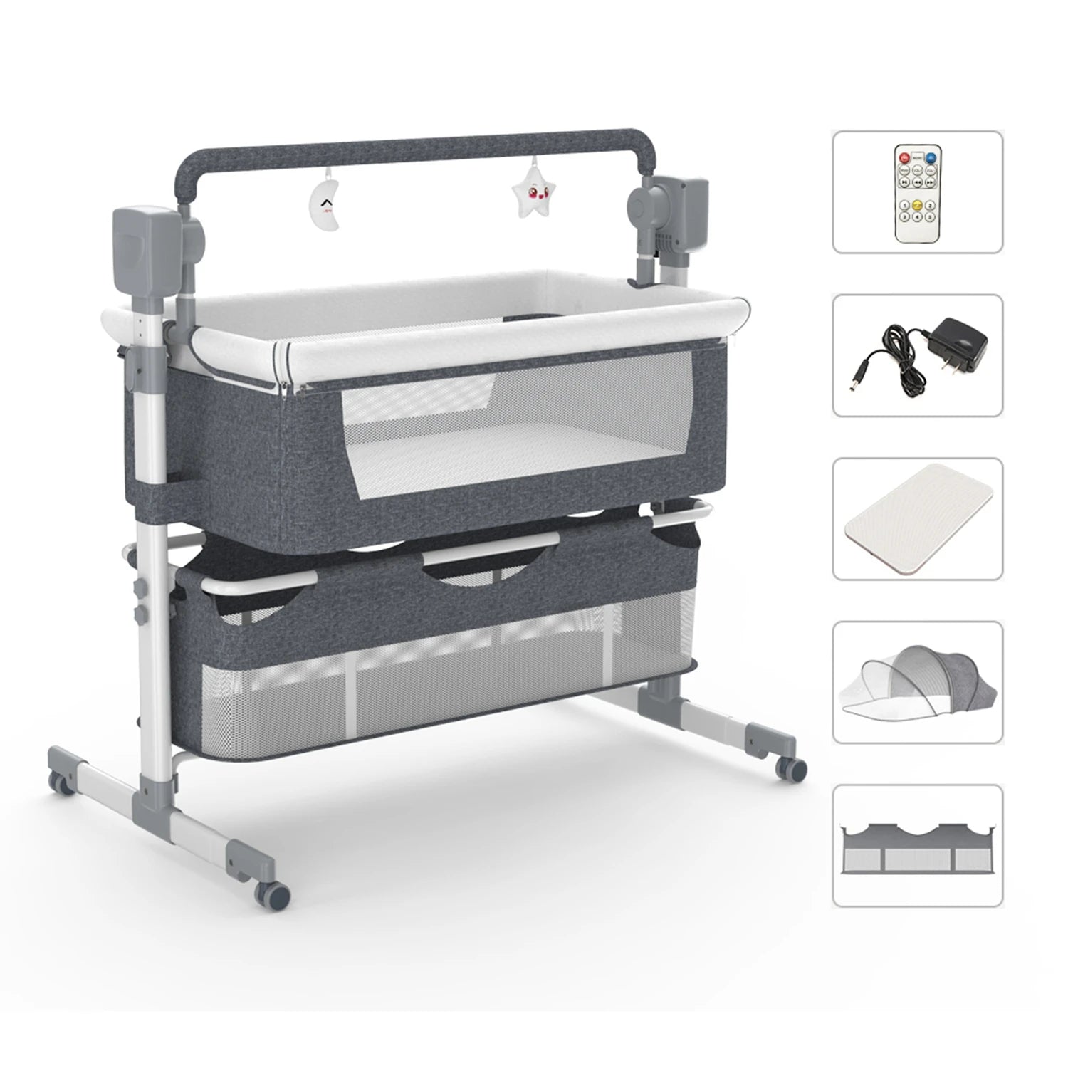 Lightweight foldable baby stroller with canopy and storage basket by Nova Mart, shown in a compact, portable design.