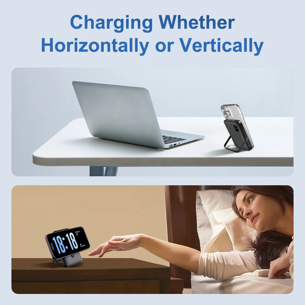 Slim Nova Mart magnetic 10000mAh power bank with LED display, wireless charging, and 15W power output.