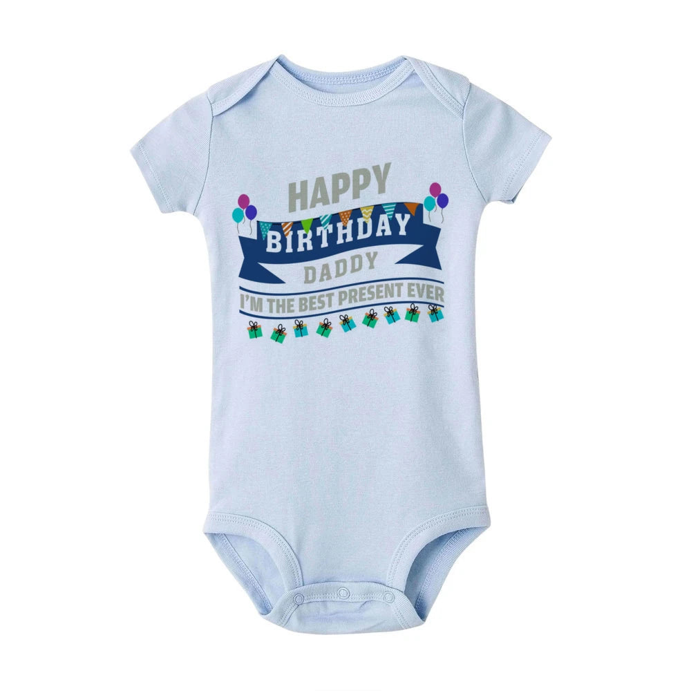 Baby boy birthday bodysuit by Nova Mart, short sleeve summer romper with "Happy Birthday Daddy" print, soft and comfortable baby clothing