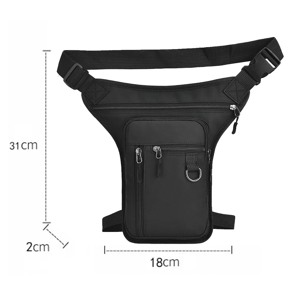 Waterproof motorcycle waist and leg bag by Nova Mart, featuring multiple compartments and adjustable straps for outdoor riding.