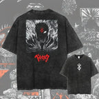 Men's Berserk anime graphic T-shirt from Nova Mart featuring washed, oversized streetwear style with bold anime artwork.